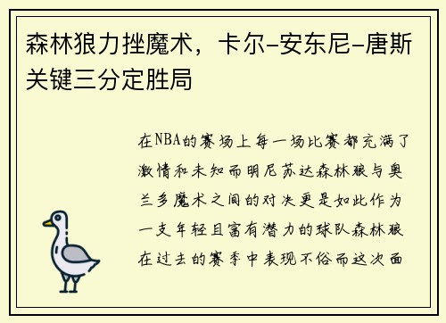 森林狼力挫魔术，卡尔-安东尼-唐斯关键三分定胜局
