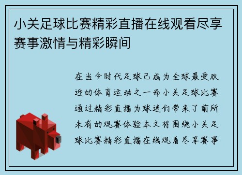 小关足球比赛精彩直播在线观看尽享赛事激情与精彩瞬间