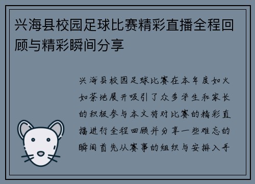 兴海县校园足球比赛精彩直播全程回顾与精彩瞬间分享